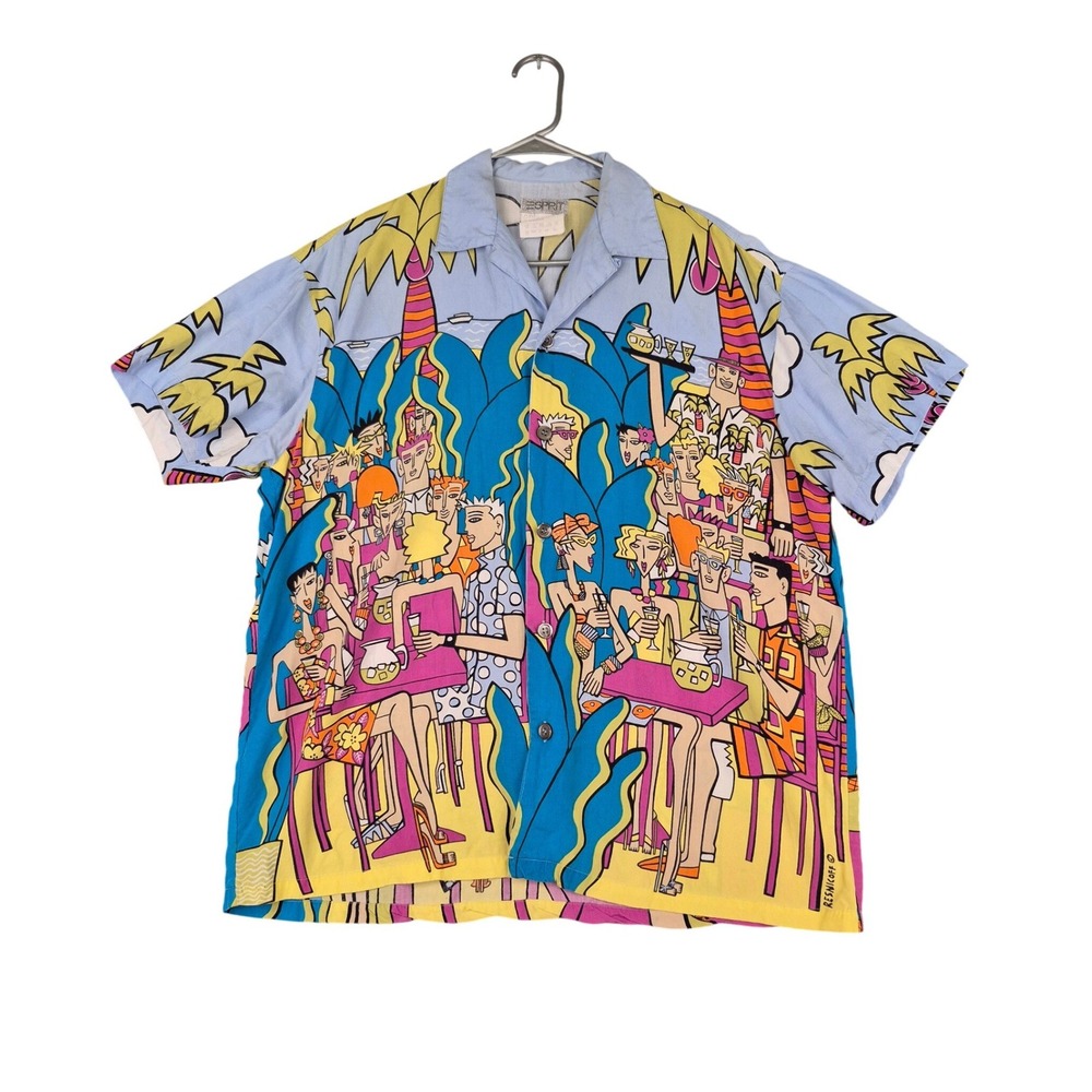 Vintage 80s Esprit Sport Resnicoff Pop Art Rayon Camp Shirt Mens Multicolor Sz S